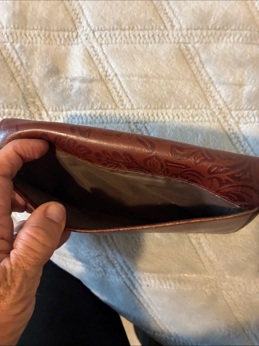 Tooled Leather Floral Fold-Over Card & Key Holder - Brown